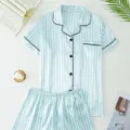 Women blue white striped satin short sleeve pajama set comfortable sleepwear loungewear summer - S / Top And Bottom / Light Green Striped