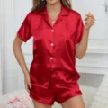Red satin pajama set for women, short sleeve top and shorts variant for sleepwear and lounge. - S / Top And Bottom / Burgundy
