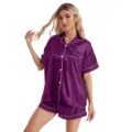 Women's purple silk satin short sleeve pajama set featuring contrast piping and front button closure. - Purple