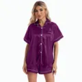 Detailed view of women's purple satin short sleeve pajama top and shorts set with piping. - L / Top And Bottom / Purple