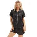 Conjunto de pijama corto de seda para mujer a rayas botones ropa de dormir confort hogar. - S / Parte Superior Y Inferior / Negro