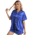Blue satin short sleeve pajama set for women, comfortable sleepwear loungewear shorts. - Blue