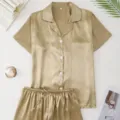 Women Silk Satin Pajamas Set Short Sleeve Shorts Champagne Loungewear Size S chic - S / Top And Bottom / Champagne