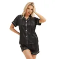Women Black Satin Striped Pajama Set Short Sleeve Button Down Sleepwear Loungewear - S / Top And Bottom / Black
