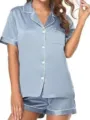 Conjunto de Pijama de Satén Azul Ropa de Dormir de Manga Corta con Ribete Blanco - Azul Grisáceo