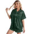 Women's short sleeve satin pajama set dark green sleepwear loungewear comfy nightwear - S / Top And Bottom / Green