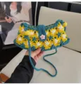 Handcrafted crochet shoulder bag with colorful floral pattern, cute star button and beads. - Yellow