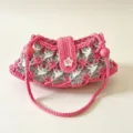 Handmade crochet shoulder bag for women, cute pink and grey knitted crossbody bag with star button. - Pink