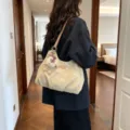 Retro large capacity shoulder bag autumn winter minimalist soft leather tote bag for women. - Khaki With Rabbit Pendant