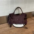 Brown suede rivet underarm shoulder bag for women, retro versatile daily commuting cross-body bag. - Coffee