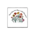 Square metal pin badge featuring a colorful floral illustration and inspirational quote text. - Square Style (ZP2403)