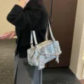 Silver metallic shoulder bag for women, stylish large capacity fashion pillow tote bag. - Silver