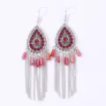 Bohemian ethnic style silver teardrop rhinestone dangle tassel earrings for women party jewelry - Red