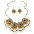 Bohemian vintage gold tone pearl necklace and earrings jewelry set with green stones for women. - Teal