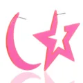 Neon pink acrylic star and moon asymmetrical earrings, perfect for summer party and vacation style. - Rose Red