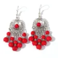 Bohemian vintage Tibetan silver red bead tassel long dangle earrings ethnic jewelry. - Red