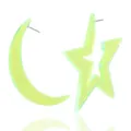 Neon green acrylic star and moon asymmetrical earrings, summer party jewelry for women. - Neon Yellow