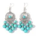 Bohemian vintage turquoise tassel dangle earrings, long silver tone ethnic drop earrings. - Sky Blue