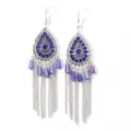 Bohemian ethnic waterdrop rhinestone tassel earrings with blue glass beads and silver chain details. - Sapphire Blue
