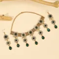 Baroque vintage green crystal rhinestone necklace and earrings set for evening party. - Green