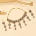 Vintage baroque crystal rhinestone necklace earrings jewelry set for bridal and evening party. - Pink