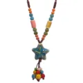 Ethnic ceramic long necklace with starfish pendant and colorful beads, adjustable. - Teal