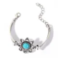 Vintage silver flower bracelet with turquoise stone, adjustable chain boho wrist jewelry. - Blue Style (BL222) / Blue