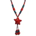 Ethnic ceramic starfish long necklace with colorful beads and adjustable braided rope boho style - Burgundy