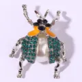 Cute beetle insect brooch pin with green rhinestones faux pearl and orange enamel for women - Green