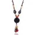 Retro ethnic style long sweater chain with handmade ceramic pendant and beads for women. - Style W883