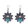 Vintage owl dangle earrings with turquoise heart and blue crystals bohemian style jewelry - Earrings / Antique Silver