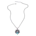 Vintage Owl Pendant Necklace with Turquoise Heart and Blue Rhinestones Silver Clavicle Chain - Necklace / Antique Silver