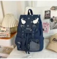 Retro Denim Star Print Backpack Casual Student School Bag with Clear Pocket Blue - Blue