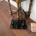 Black pleated underarm shoulder bag for women, trendy chic retro cloud handbag fashion style. - Black
