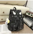 Vintage dark denim canvas backpack with star print, angel wings, and multi-pocket design variant. - Black With Pendant