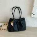 Black woven tote bag for women, large capacity shoulder bag for daily commuting and summer style. - Black With Pendant