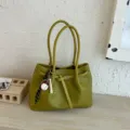 Green woven leather tote bag for women, large capacity stylish shoulder bag for daily commute. - Green with Pendant