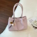 Pink Woven Tote Bag Large Capacity Commuter Handbag Stylish Shoulder Bag for Women - Pink with Pendant