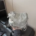 Silver rhinestone chain bucket bag with pearl bow pendant, elegant chic shoulder bag for women. - With Pendant / Silver
