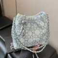 Chic light blue bucket bag with metallic chains and sparkling rhinestones for summer style. - With Pendant / Blue