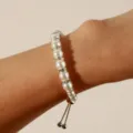 Chic imitation pearl and rhinestone adjustable pull bracelet detail shot, elegant daily wear wrist jewelry. - Artificial Pearl Beaded Style (W672) / White
