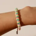 Colorful striped beaded bracelet with rhinestone spacers, adjustable wrist jewelry detail. - Multicolor Striped Beaded Style (W672) / Colorful