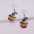 Halloween pumpkin witch hat drop earrings detail view, cute alloy festival jewelry. - Hook Earrings