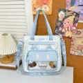Large capacity canvas tote bag casual shoulder cross body bag with cute cat ear pocket for women - Blue With Pendant