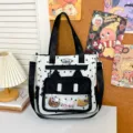 Large capacity canvas tote bag with cute cat ear design and star print for women daily commuting - Black With Pendant