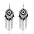 Pendientes largos de metal estilo bohemio con colgante de estrás en rombo para mujeres. - Plata Vintage - Negro