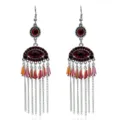 Pendientes colgantes de borla de metal estilo bohemio étnico con pedrería roja y cadenas. - Plata Antigua-Rojo