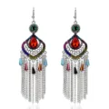 Pendientes largos vintage de metal con flecos, pendientes étnicos de gota calados. - Plata Antigua Colorida