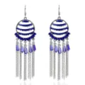 Pendientes colgantes de borla de metal con pedrería azul y detalles de esmalte. - Plata Antigua-Azul