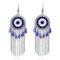 Pendientes largos de cadena con flecos estilo bohemio vintage y pedrería azul para mujer. - Plata Antigua-Azul